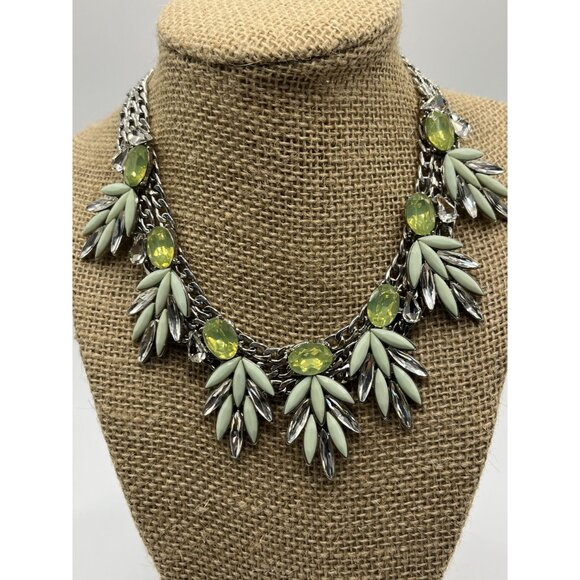 Silver tone Natasha Statement Necklace With Green & Clear Gemstones 10" Length - Picture 5 of 8